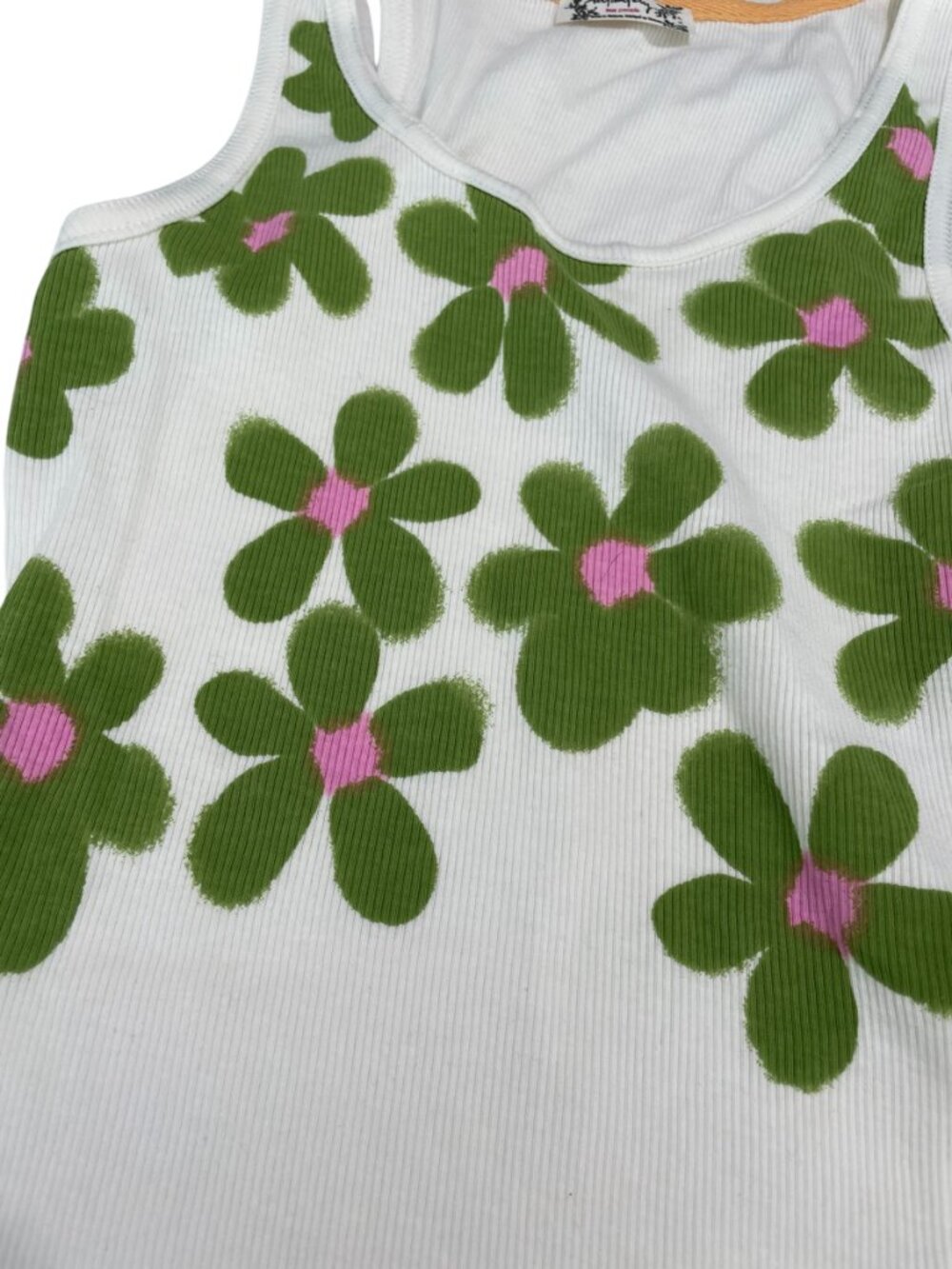 Floral Ribbed Racerback Tank Top - White with Green & Pink Flowers - Picture 7 of 12